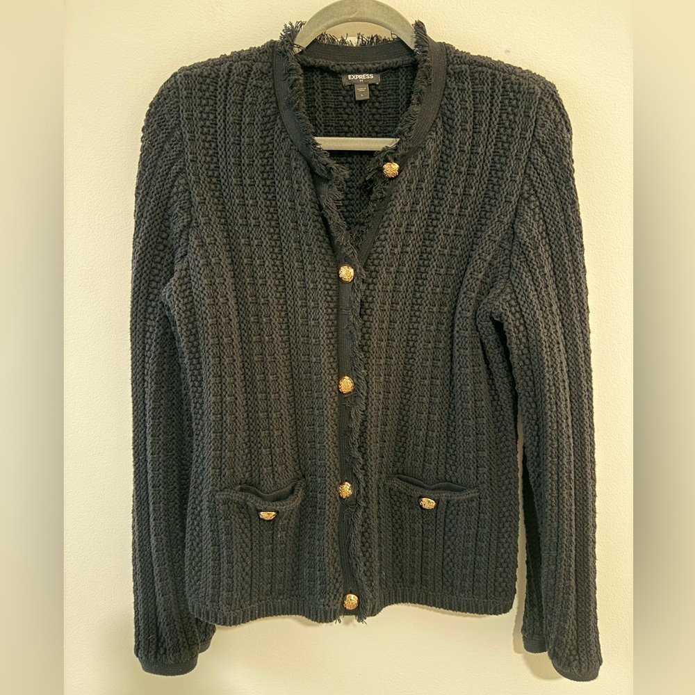 *LIKE NEW* Express Women's Black Cardigan with Large Gold Buttons- Cable Knit